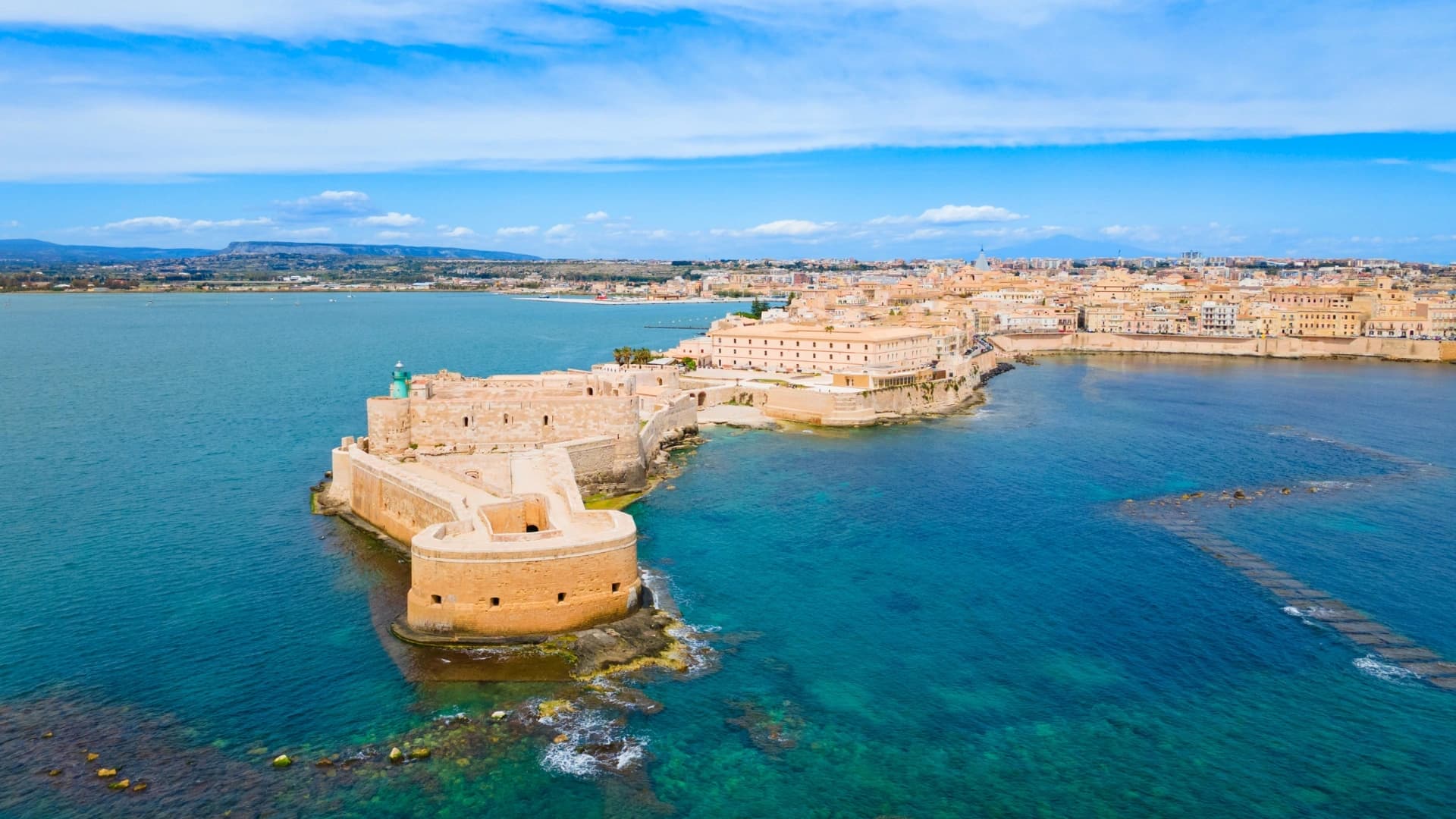 Maniace Castle of Ortigia seen from a drone, Syracuse